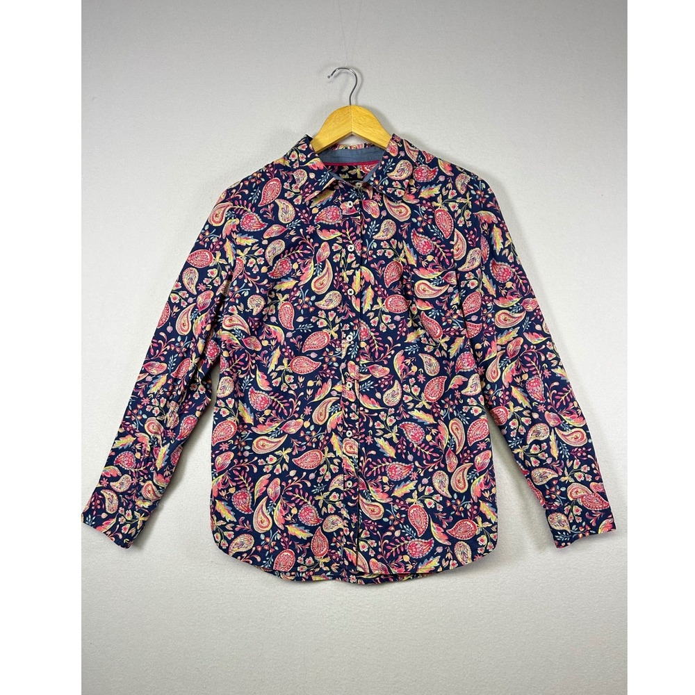 Boho Preppy Talbots Women Medium Navy Pink Floral Paisley Cotton Button Up Shirt